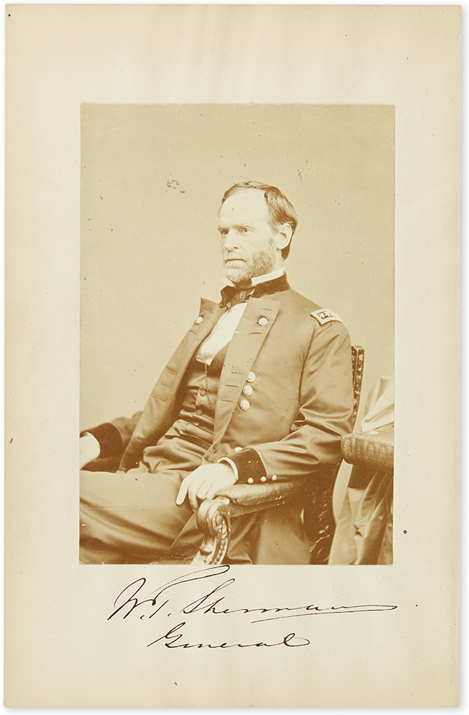 (CIVIL WAR.) SHERMAN, WILLIAM TECUMSEH. Photograph Signed, W.T. Sherman / General, half-length seated portrait by Brady,